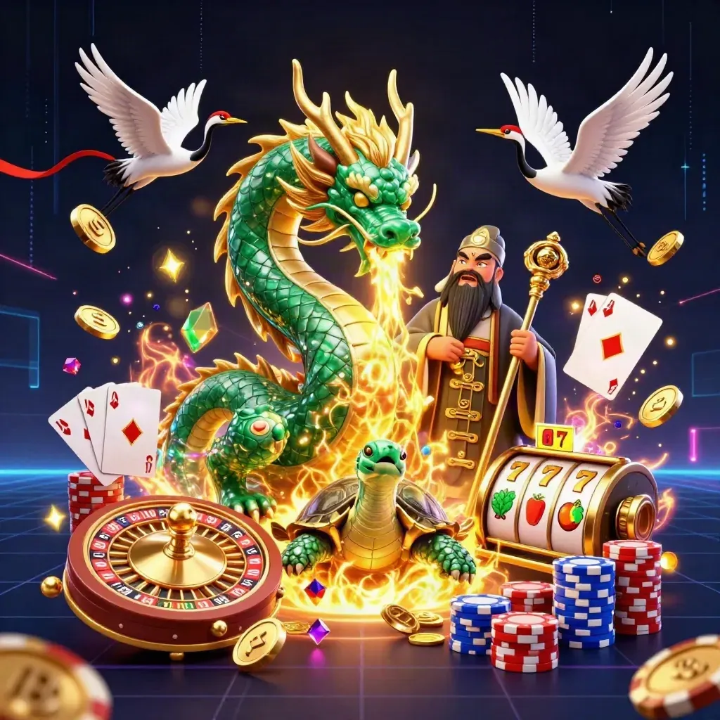 Jadegrön drake, sköldpaddssage och två tranor i ett lyxigt casinokollage med guldmynt och neon